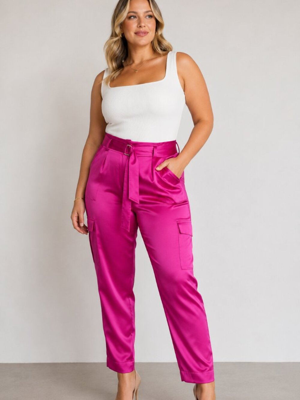NWT Calvin Klein Belted Satin Cargo Pants Pink Size 14